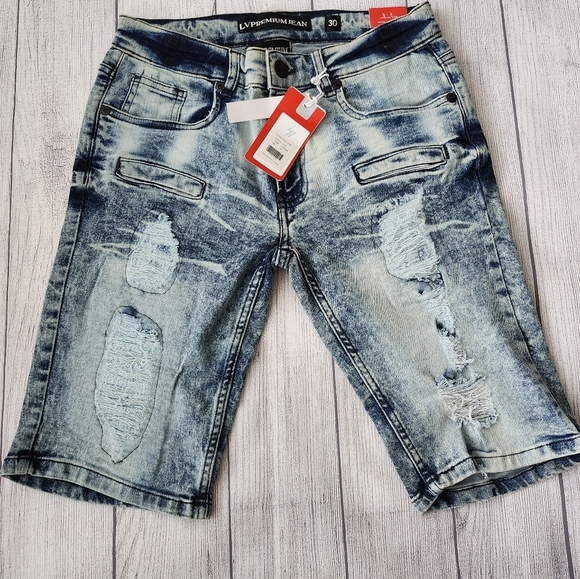 Skinny Fit Distressed Blue Wash Denim Shorts - Picture 1 of 15